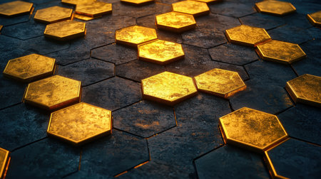 Golden Hexagonal Tiles on a Dark Surface, Highlighting Textures and Reflections for Modern Design Concepts and Abstract Backgroundsの素材