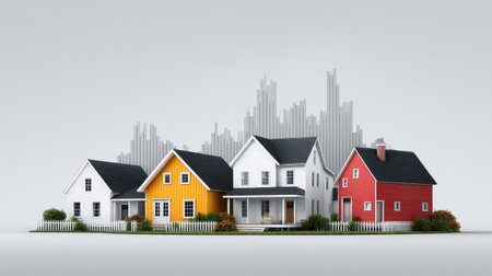 Colorful houses with a modern skyline background representing real estate market trends and home ownership investment opportunities in a minimalist settingの素材