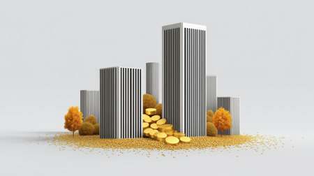 Urban Landscape with Golden Coins Surrounded by Modern Skyscrapers and Autumn Trees Representing Wealth, Prosperity, and Financial Growthの素材