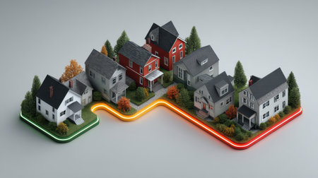 Colorful Miniature Houses Arranged in a Creative Pattern with Green and Red Neon Lighting, Representing Modern Neighborhood Concepts and Community Designの素材