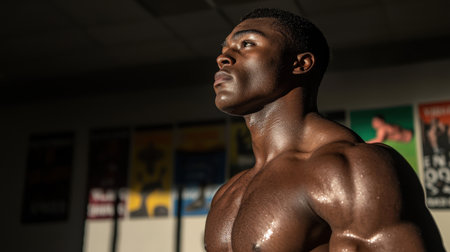 Strong African American man with muscular physique posing in lighted gym space, exuding confidence and determination for fitness enthusiasts and lifestyle imageryの素材