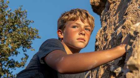 Young Boy Engaged in Outdoor Rock Climbing Adventure, Overcoming Challenges with Determination and Focus in Scenic Natural Environmentの素材