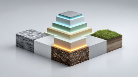 Modern Geometric Composition of Textures and Colors Showcasing Concrete, Grass, Glass, and Wood Elements in an Abstract Style for Design Projectsの素材