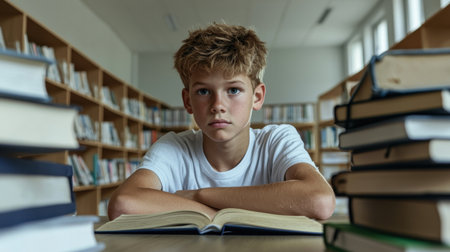 Young Student Concentrating in Library Surrounded by Books with Intense Look, Focused Learning Atmosphere, Education Environment, Academic Successの素材
