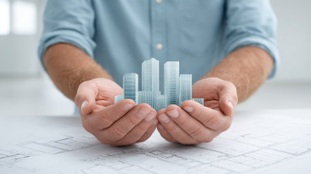 Hands Holding 3D Model of Modern Cityscape with Architectural Plans on the Table in Background, Symbolizing Urban Development and Innovationの素材