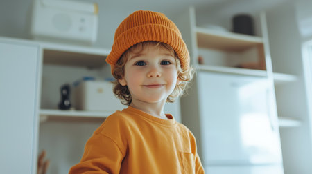 Cute child with curly hair wearing orange knit hat and sweater, smiling cheerfully in bright kitchen setting, enjoying playful moment at homeの素材