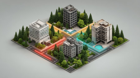 Modern Urban Landscape with Geometric Forms, Lush Greenery, and Stylized Roads Connecting Contemporary Architectural Structuresの素材