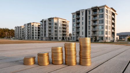 Stacked Coins Representing Growth in Real Estate Investment with Modern Apartment Buildings in the Background During Sunsetの素材