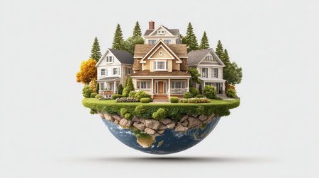 Enchanted Floating Homes Surrounded by Lush Nature on a Swirling Globe Representing Harmony Between Human Dwellings and Environmentの素材