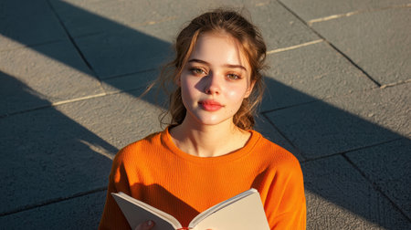 Young woman in orange sweater reading a book outdoors, sun casting interesting shadows on pavement, portrait capturing serenity and engagement with literatureの素材