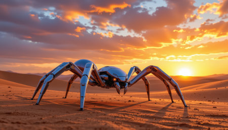 Futuristic Robot Spider Walking on Desert Sand at Sunset with Beautiful Colors in the Sky and Shadows Casting on the Groundの素材