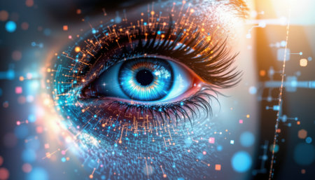 Close-up of a futuristic human eye with glowing digital elements, representing technology, beauty, and innovation in a modern world of high-tech visionsの素材