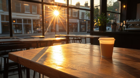 Warm morning light illuminating a coffee cup on a wooden table in a cozy cafe, showcasing a peaceful urban scene at sunrise near the windowの素材