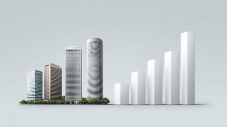 Modern skyscrapers with a rising bar graph symbolizing urban growth and economic development in a contemporary cityscape settingの素材