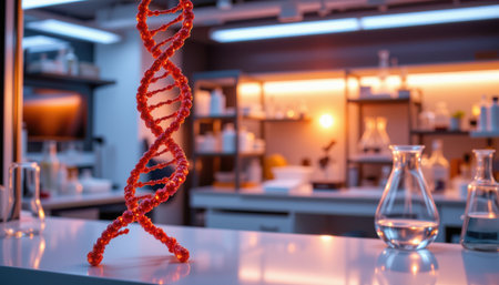 Red DNA Helix Model in Modern Laboratory Setting with Glassware and Equipment Highlighting Genetic Research and Biotechnology Innovationsの素材