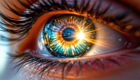 Close-Up of Human Eye with Futuristic Optical Effects and Vibrant Light Sparks Creating a Stunning Visual Representation of Vision and Technologyの素材