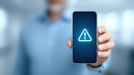 Man Holding Smartphone with Warning Symbol, Alert Notification Displayed on Screen, Modern Technology with Communication Message Conceptの素材