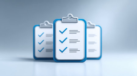 Three clipboards with check marks on a smooth surface, representing task management, checklist completion, and organization in a modern office settingの素材