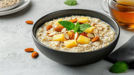 Creamy Oatmeal Bowl with Pineapple Chunks and Almonds for a Healthy Breakfast Option Garnished with Fresh Mint Leaves and Herbal Teaの素材