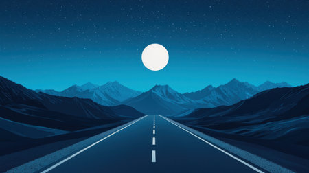 Beautiful Night Landscape with Full Moon Over Mountain Range and Empty Road Under Starry Sky in Cool Blue Tonesの素材