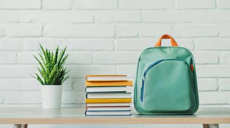 Stylish green backpack beside stacked books on a wooden table with potted plant against a textured white brick wall background for educational themesの素材