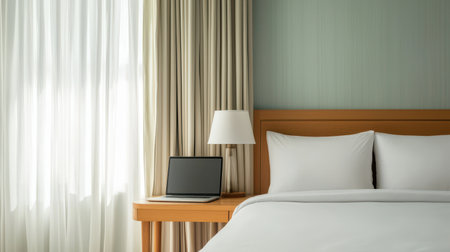 Cozy and Modern Bedroom Interior with Minimalist Style, Elegant Bedding, Wood Furniture, Laptop on Table, Bright Natural Light and Soft Drapesの素材
