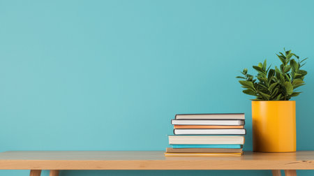 Modern minimalist bookshelf with colorful books and vibrant green plant against a bright blue wall, perfect for contemporary decor or interior design projectsの素材