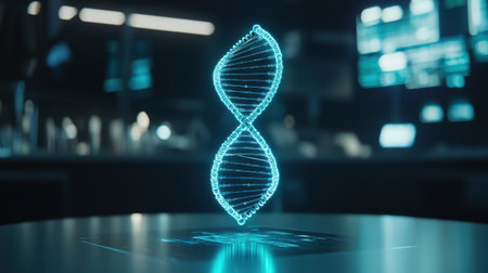 Futuristic holographic DNA helix representation in a high-tech laboratory showcasing scientific advancement and innovative technology in genetic researchの素材