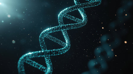 Stunning Close-Up of a Spiraling DNA Helix Illuminated in Bright Light with Glowing Particles in a Dark Abstract Backgroundの素材