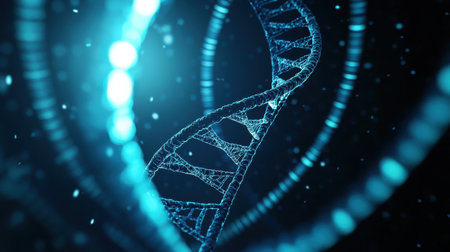 Intricate Blue DNA Strand with Sparkling Particles Representing Genetic Research and Modern Biotechnology Concepts in a Dark Backgroundの素材