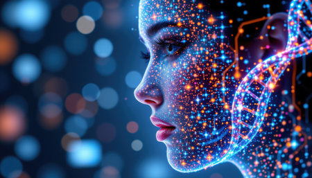 Digital female profile with vibrant glowing patterns, representing advanced technology, artificial intelligence, and futuristic concepts in a modern aestheticの素材