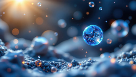 Abstract close-up of luminous bubbles in a dreamy environment with soft light and gentle highlights creating an enchanting serene atmosphere in the background.の素材