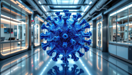 Blue Virus Model in Laboratory Environment with Futuristic Design and High-Tech Atmosphere for Scientific and Medical Illustrationsの素材