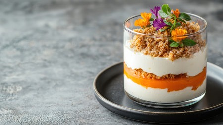 Delicious layered dessert with creamy whipped topping, vibrant orange puree, crunchy topping, and fresh edible flowers on rustic backgroundの素材