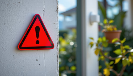 Bright red warning sign featuring an exclamation mark, displayed on a wall near a doorway with greenery in the background, highlighting safety and cautionの素材