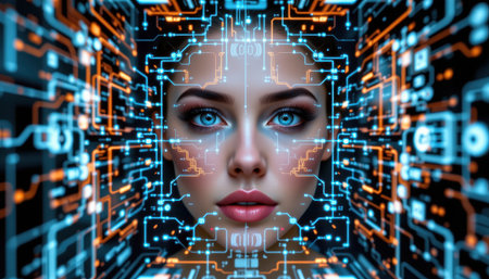 Futuristic Portrait of Woman Surrounded by Digital Circuitry in Neon Colors, Representing Technology and Innovation in Modern Societyの素材