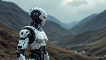 Futuristic humanoid robot standing in a dramatic landscape of mountainous terrain with cloudy sky, showcasing advanced technology and artificial intelligenceの素材