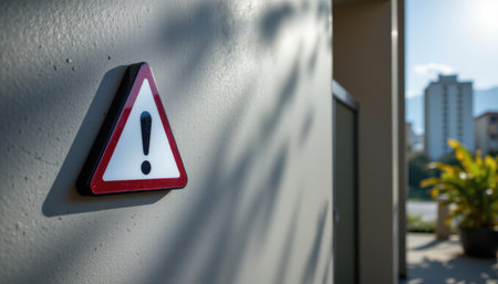 Warning sign displayed on wall emphasizing caution in urban setting with nature and architecture in the background, creating an alert atmosphereの素材