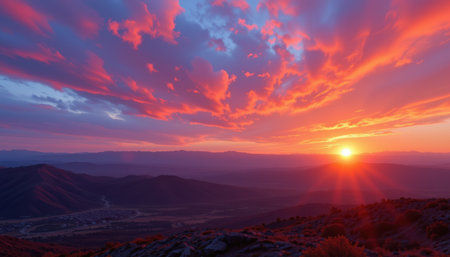 Breathtaking Sunset Over Mountains and Valleys with Vibrant Colors in the Sky, Illuminating the Landscape with Shades of Pink and Orange Lightの素材