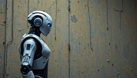 Futuristic humanoid robot standing against a weathered wall, showcasing advanced technology and artificial intelligence in a moody atmosphereの素材