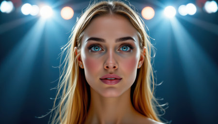 Young Woman with Long Blonde Hair under Dramatic Stage Lighting, Captivating Expression, Blue Eyes, and Soft Makeup in a Dark Backgroundの素材