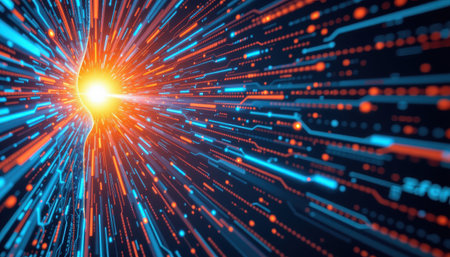 Bright Burst of Light Surrounded by Dynamic Lines and Dots Creating a Sense of Motion and Energy in a Digital Space Representationの素材