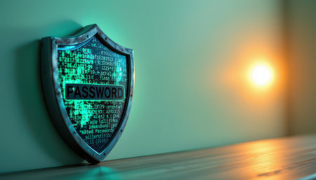Shield with digital password concept on wall, emphasizing security, protection, and technology, illuminated by warm light from side.の素材