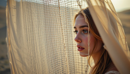 Serene Portrait of a Young Woman Behind Sheer Fabric in Desert Landscape at Sunset, Capturing Ethereal Beauty and Natural Lightの素材