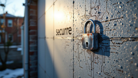 Close-up of a vintage padlock on a textured wall with intricate circuit designs, symbolizing security and protection in a modern digital ageの素材