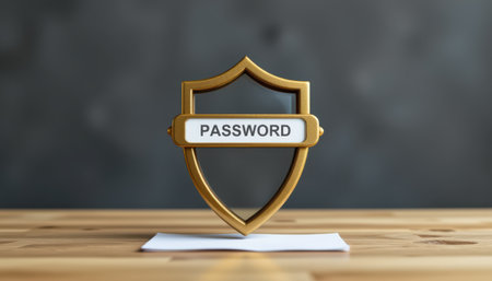 Security Shield Symbol with Password Text on a Wooden Surface for Cybersecurity and Online Protection Conceptsの素材