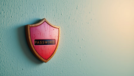 Wooden Shield with Password Symbol on Mint Green Wall Representing Cybersecurity, Privacy, and Protection Against Digital Threatsの素材