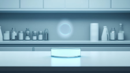 Futuristic laboratory scene with glowing petri dish and hovering light orb in a clean modern kitchen environment, showcasing innovation and technologyの素材