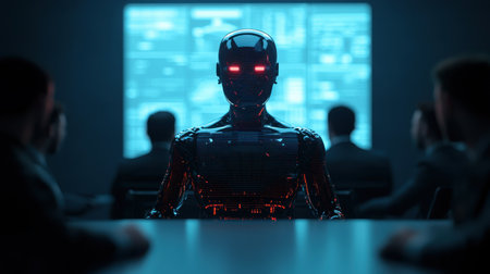 Futuristic Robot in Conference Room Surrounded by People Engaged in Technology Discussion and Collaboration with Digital Screens in Backgroundの素材