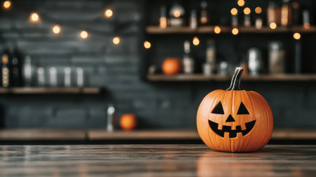 Spooky Halloween Pumpkin with Carved Face on Wooden Table Surrounded by Warm Lights and Dark Shelves for Festive Autumn Celebration Decorationの素材